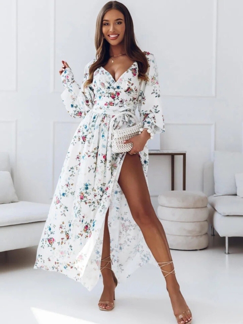 

BoStreet Women White & Pink Floral Maxi Dress