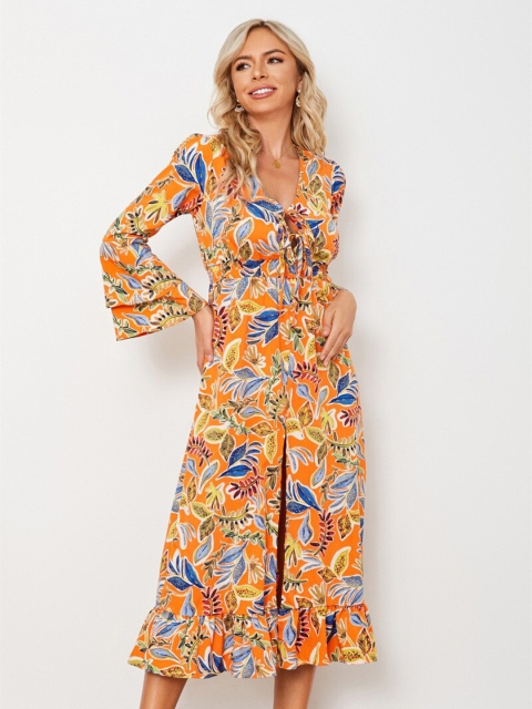 

BoStreet Women Orange & Blue Floral Printed A-Line Midi Dress