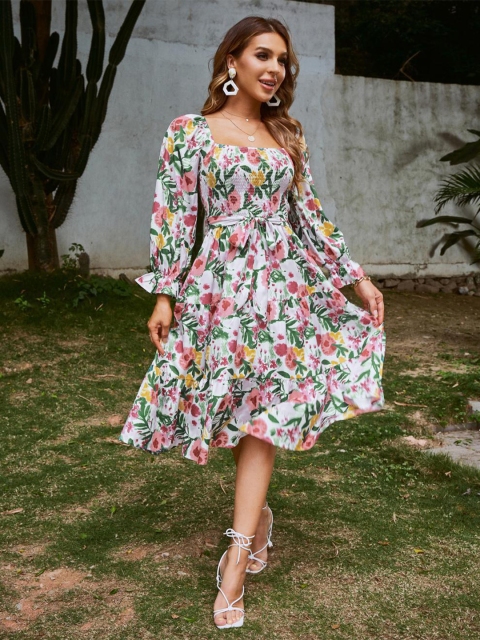 

BoStreet White & Red Floral Printed Dress
