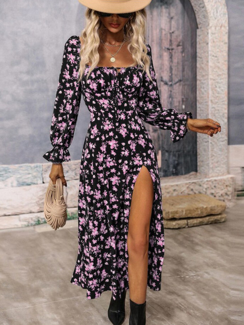 

BoStreet Purple Floral Long Sleeves Front High Slit Maxi Dress