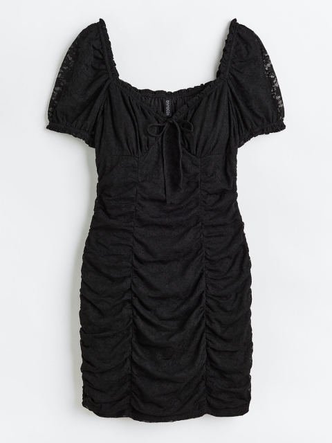 

H&M Women Gathered Broderie Anglaise Dress, Black