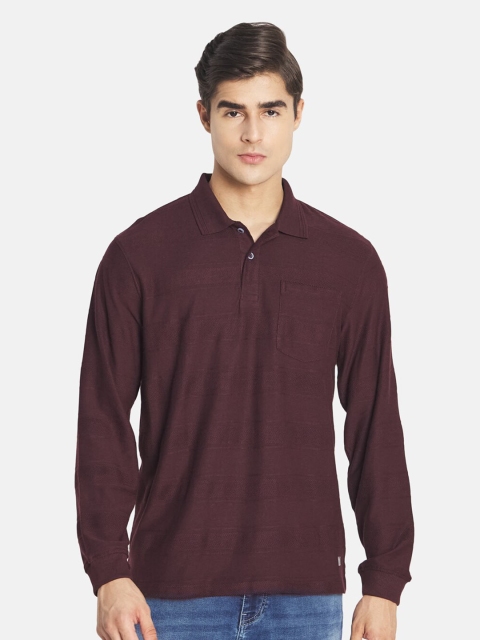 

METTLE Men Maroon Striped Polo Collar Cotton T-shirt