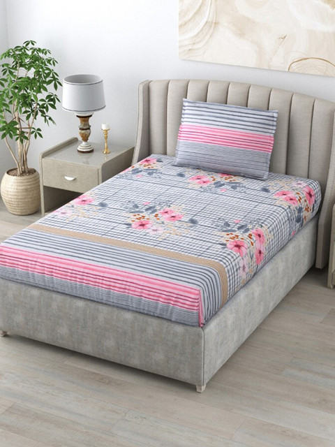 

Salona Bichona Grey & Pink Floral 144 TC 100% Cotton Single Bedsheet with 1 Pillow Cover