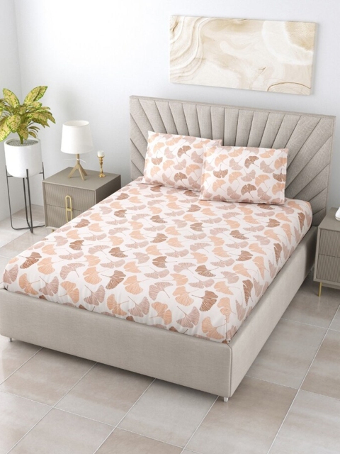 

Salona Bichona White & Orange Floral 144 TC Queen Bedsheet with 2 Pillow Covers