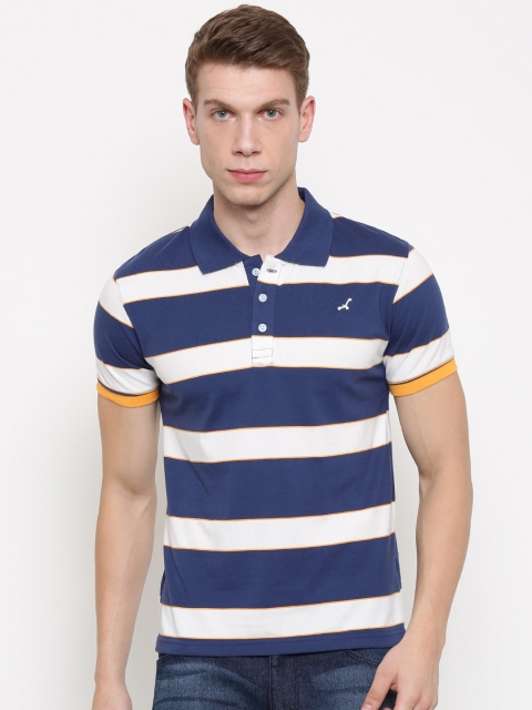 

American Crew Men Navy White Striped Polo Collar Pure Cotton T-shirt, Navy blue