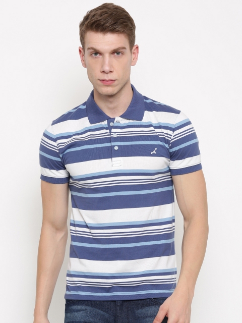 

American Crew Men White & Blue Striped Polo Collar T-shirt