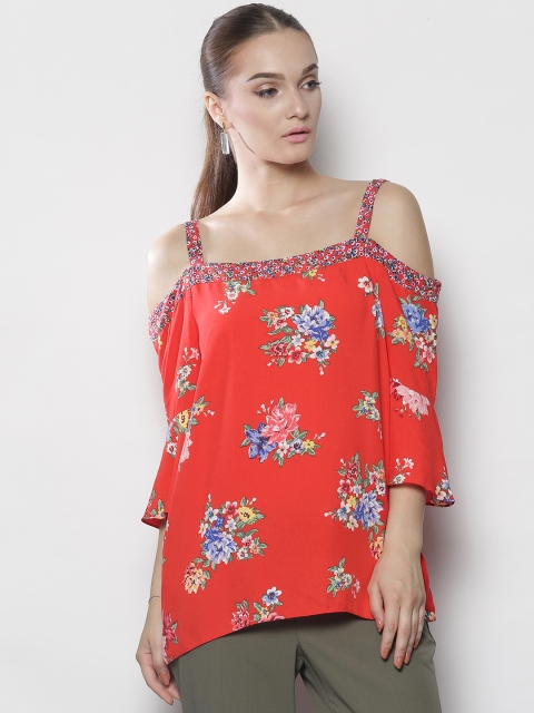 

DOROTHY PERKINS Women Coral Red Printed Bardot Top