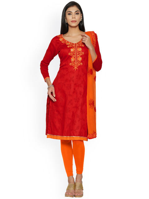 

Saree mall Red & Orange Embroidered Cotton Blend Unstitched Dress Material