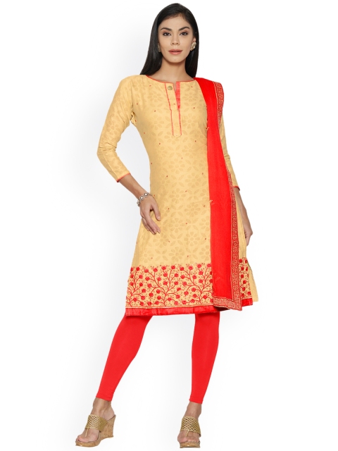 

Saree mall Beige & Orange Embroidered Cotton Blend Unstitched Dress Material