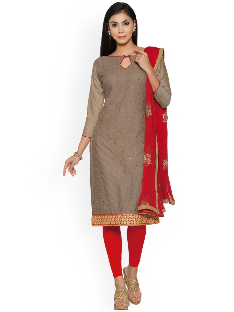 

Saree mall Brown & Red Embroidered Cotton Blend Unstitched Dress Material