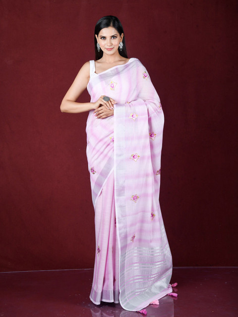 

Exclusiva Pink & Yellow Embellished Zari Pure Linen Saree