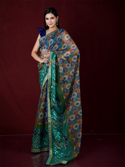 

Exclusiva Green & Blue Ethnic Motifs Zari Saree