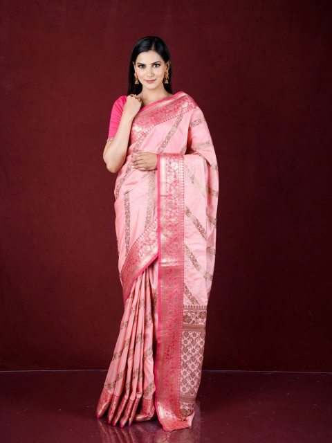 

Exclusiva Pink & Gold-Toned Woven Design Zari Silk Blend Banarasi Saree