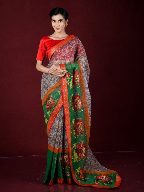 

Exclusiva Green & Red Floral Silk Blend Banarasi Saree