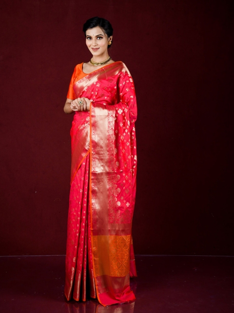 

Exclusiva Pink & Orange Floral Zari Banarasi Saree