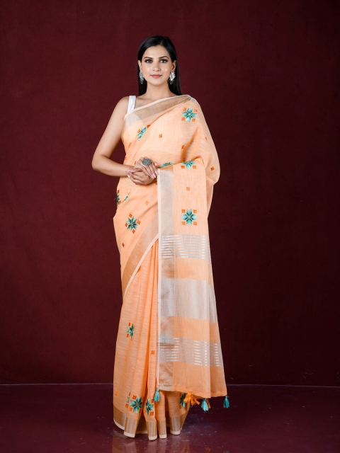 

Exclusiva Orange & Green Floral Zari Pure Linen Saree