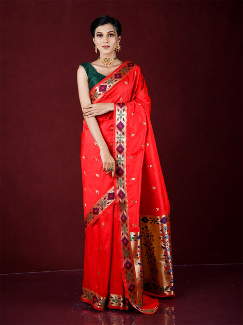 

Exclusiva Red & Gold-Toned Woven Design Zari Silk Blend Banarasi Saree