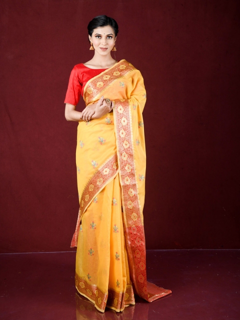 

Exclusiva Mustard & Red Woven Design Zari Pure Cotton Banarasi Saree
