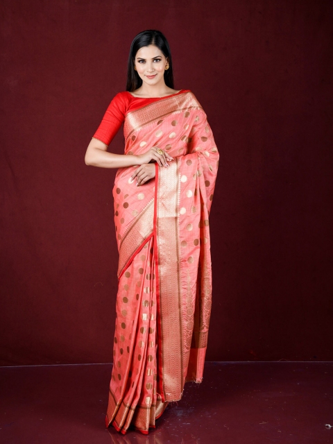 

Exclusiva Pink & Gold-Toned Woven Design Zari Pure Cotton Banarasi Saree