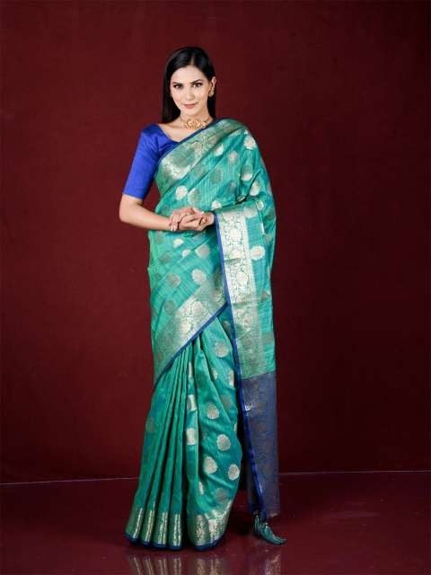 

Exclusiva Turquoise Blue & Gold-Toned Woven Design Zari Silk Blend Banarasi Saree