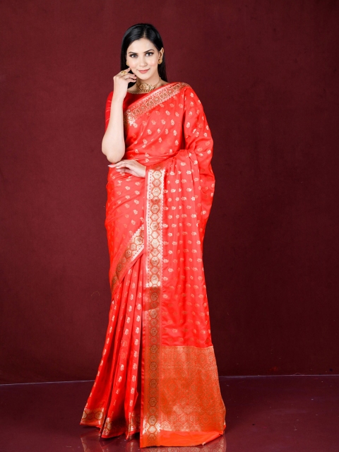 

Exclusiva Red & Gold-Toned Woven Design Zari Silk Blend Banarasi Saree