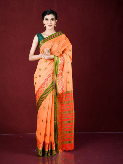

Exclusiva Orange & Green Woven Design Zari Pure Cotton Banarasi Saree