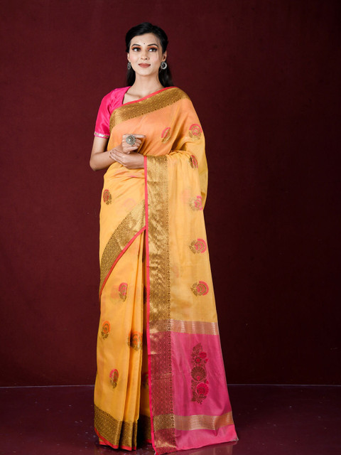 

Exclusiva Yellow & Pink Woven Design Zari Banarasi Saree
