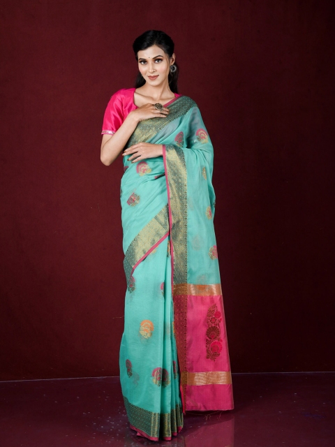 

Exclusiva Green & Pink Woven Design Zari Banarasi Saree