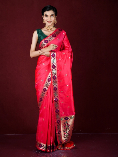 

Exclusiva Pink & Green Floral Zari Silk Blend Banarasi Saree