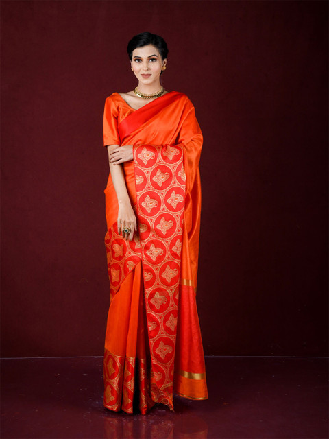 

Exclusiva Orange & Gold-Toned Woven Design Zari Silk Blend Banarasi Saree