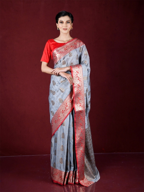 

Exclusiva Grey & Red Floral Zari Pure Cotton Banarasi Saree