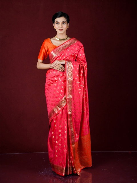 

Exclusiva Pink & Orange Woven Design Zari Silk Blend Banarasi Saree
