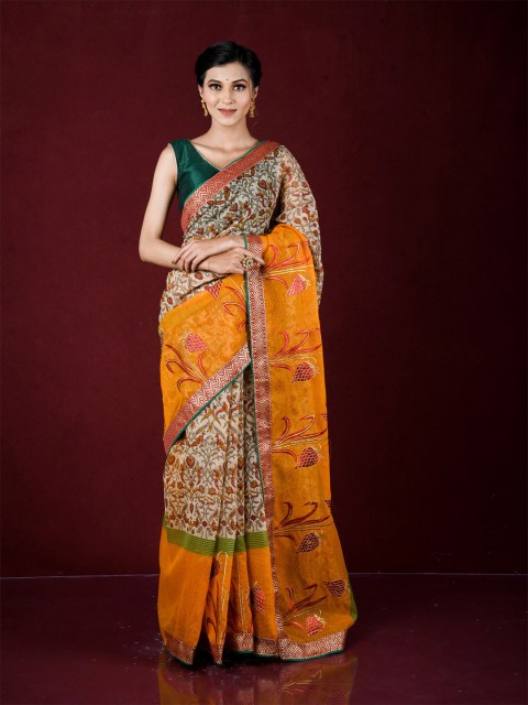

Exclusiva Yellow & Pink Floral Silk Blend Saree