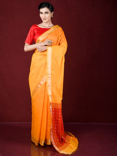 

Exclusiva Yellow & Red Woven Design Zari Pure Cotton Banarasi Saree