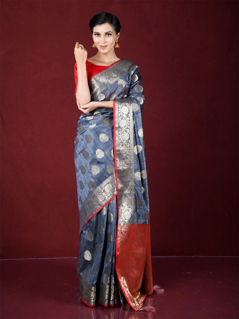 

Exclusiva Grey & Red Woven Design Zari Silk Blend Banarasi Saree