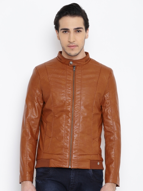 

Fort Collins Men Tan Brown Solid Leather Biker Jacket