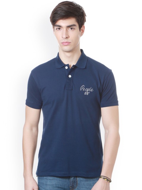 

People Men Navy Blue Solid Polo Collar T-shirt
