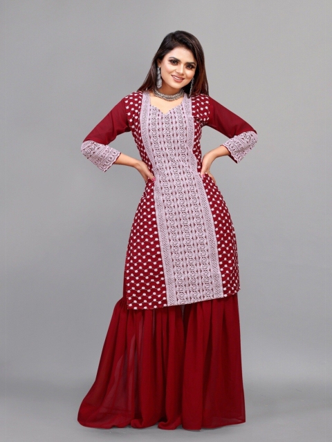 

APNISHA Maroon & White Ethnic Motifs Georgette Ethnic Maxi Dress