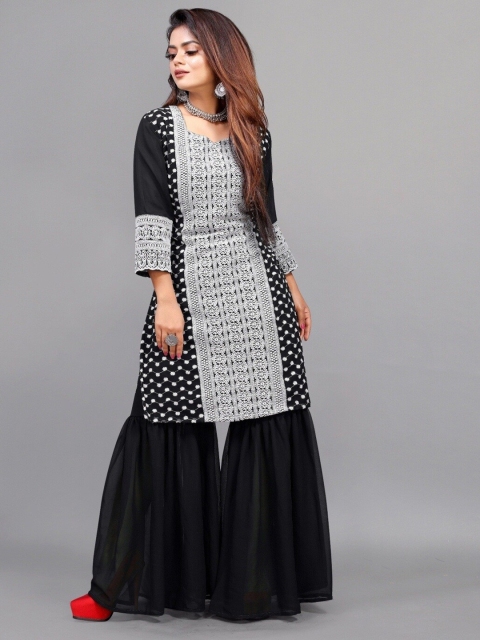 

APNISHA Women Black Embroidered Kurta with Sharara