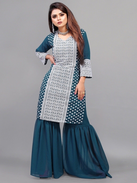 

APNISHA Women Blue Floral Embroidered Kurta with Sharara