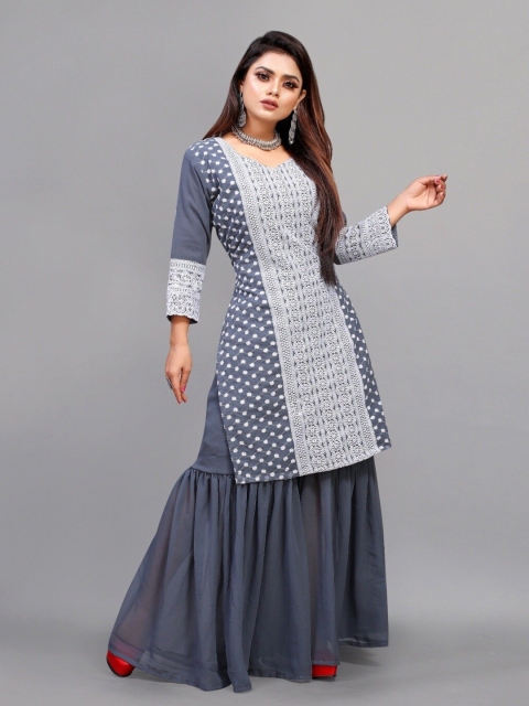 

APNISHA Grey & White Embroidered Georgette Ethnic Maxi Dress