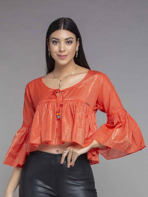 

MKOAL Orange Tie-Up Neck Ruffles Top