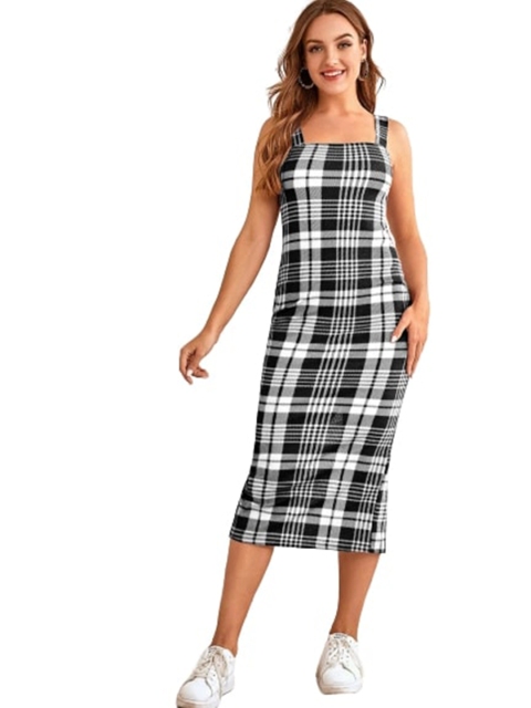 

LOOKFIELD White & Black Checked Sheath Midi Dress