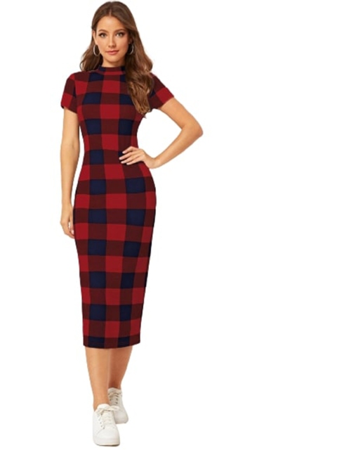 

LOOKFIELD Red & Black Checked Sheath Midi Dress