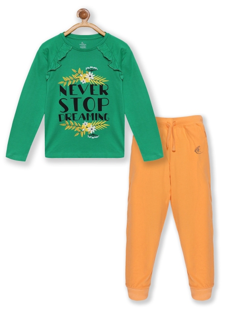 

KiddoPanti Girls Green & Orange Printed Pure Cotton T-shirt & Track Pant