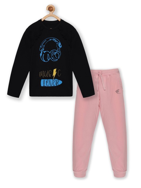 

KiddoPanti Girls Black & Pink Printed Pure Cotton Clothing Set