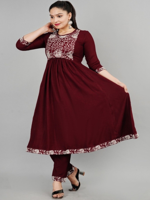 

RUHAZAT Women Maroon & White Floral Yoke Design Thread Work Anarkali Kurta