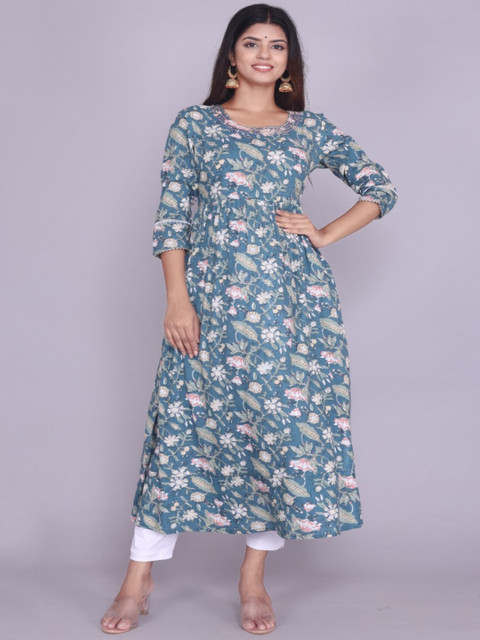 

RUHAZAT Women Blue & Green Floral Printed Thread Work Anarkali Kurta