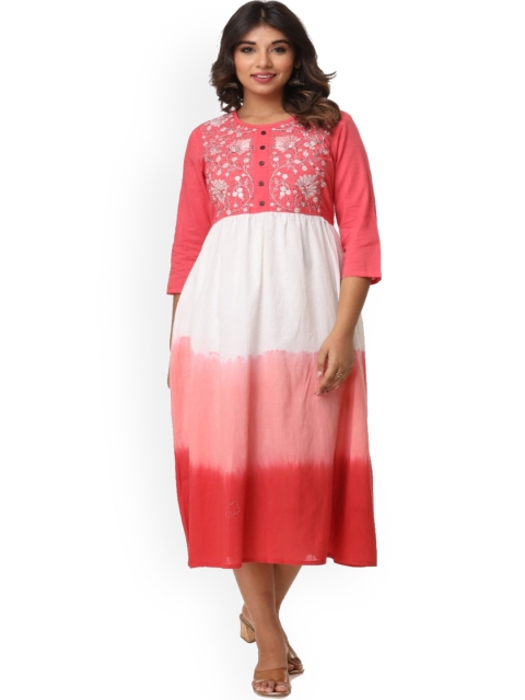 

RUHAZAT Pink & White Floral Embroidered Midi Dress