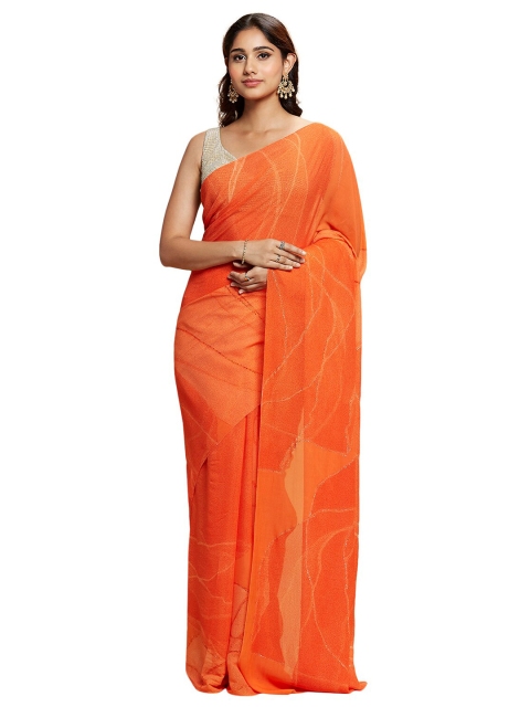 

navyasa Orange & Gold-Toned Floral Beads and Stones Pure Georgette Saree